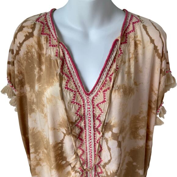 Tie Dye Kaftan Tunic Small Pink Tan Boho Chic Embroidery Tassels Festival Hippie - Picture 4 of 16